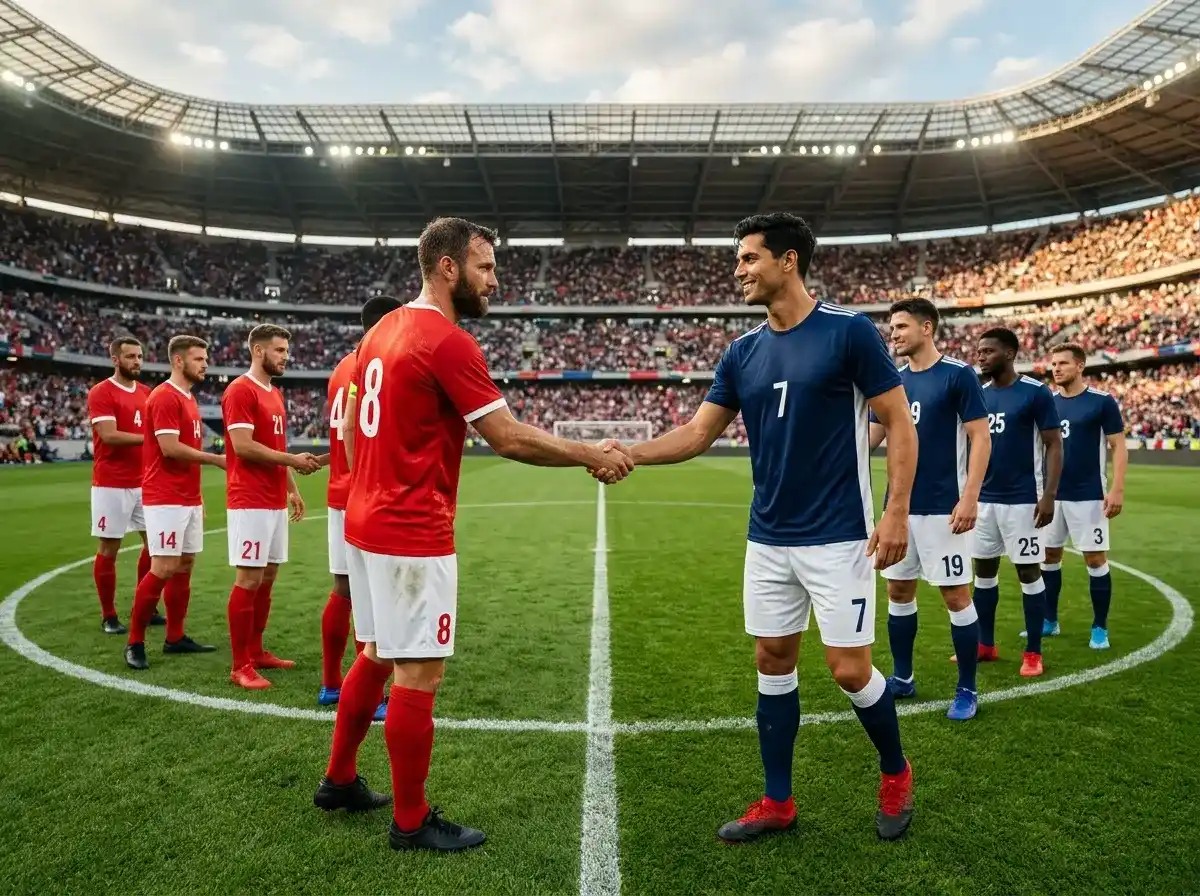 Jugadores de dos equipos de fútbol saludándose antes del partido en el centro del campo