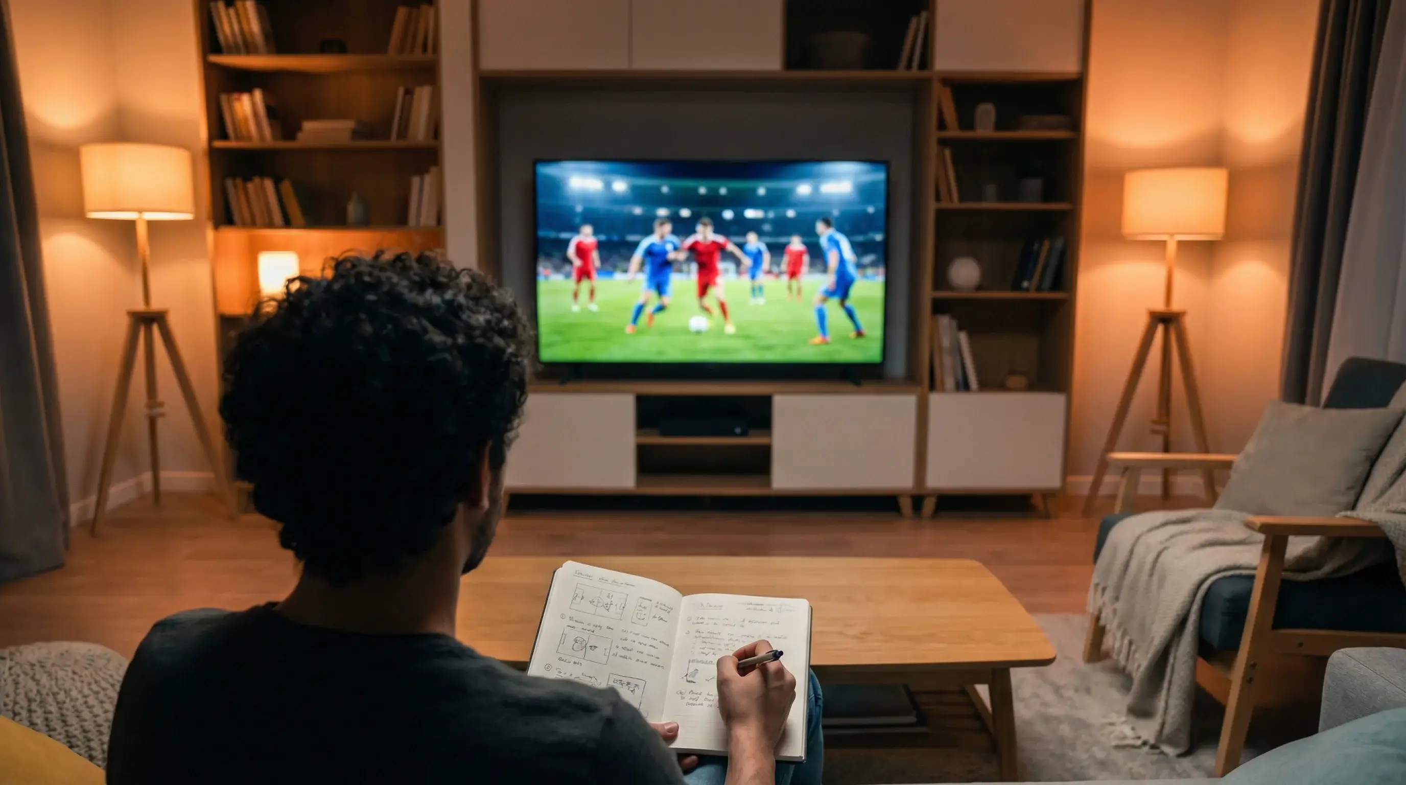 Persona viendo un partido de fútbol en televisión mientras toma notas