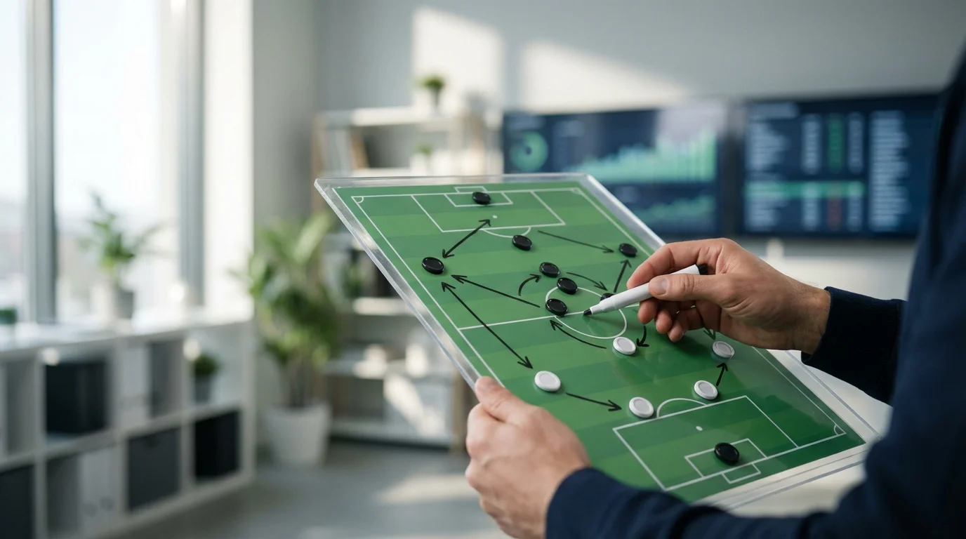 Pizarra táctica de fútbol mostrando formaciones y estrategias de juego