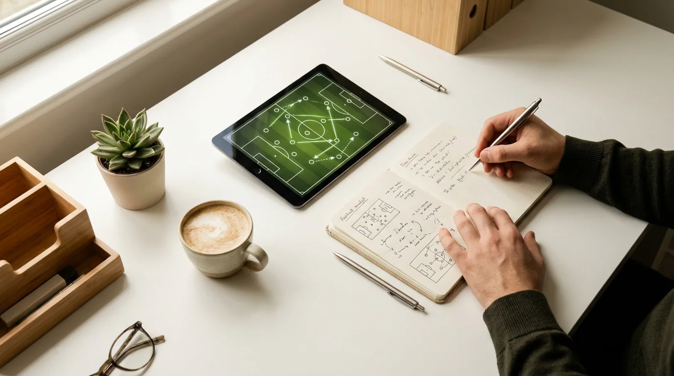 Espacio de trabajo de analista deportivo con cuaderno de notas, tablet con diagrama táctico y café