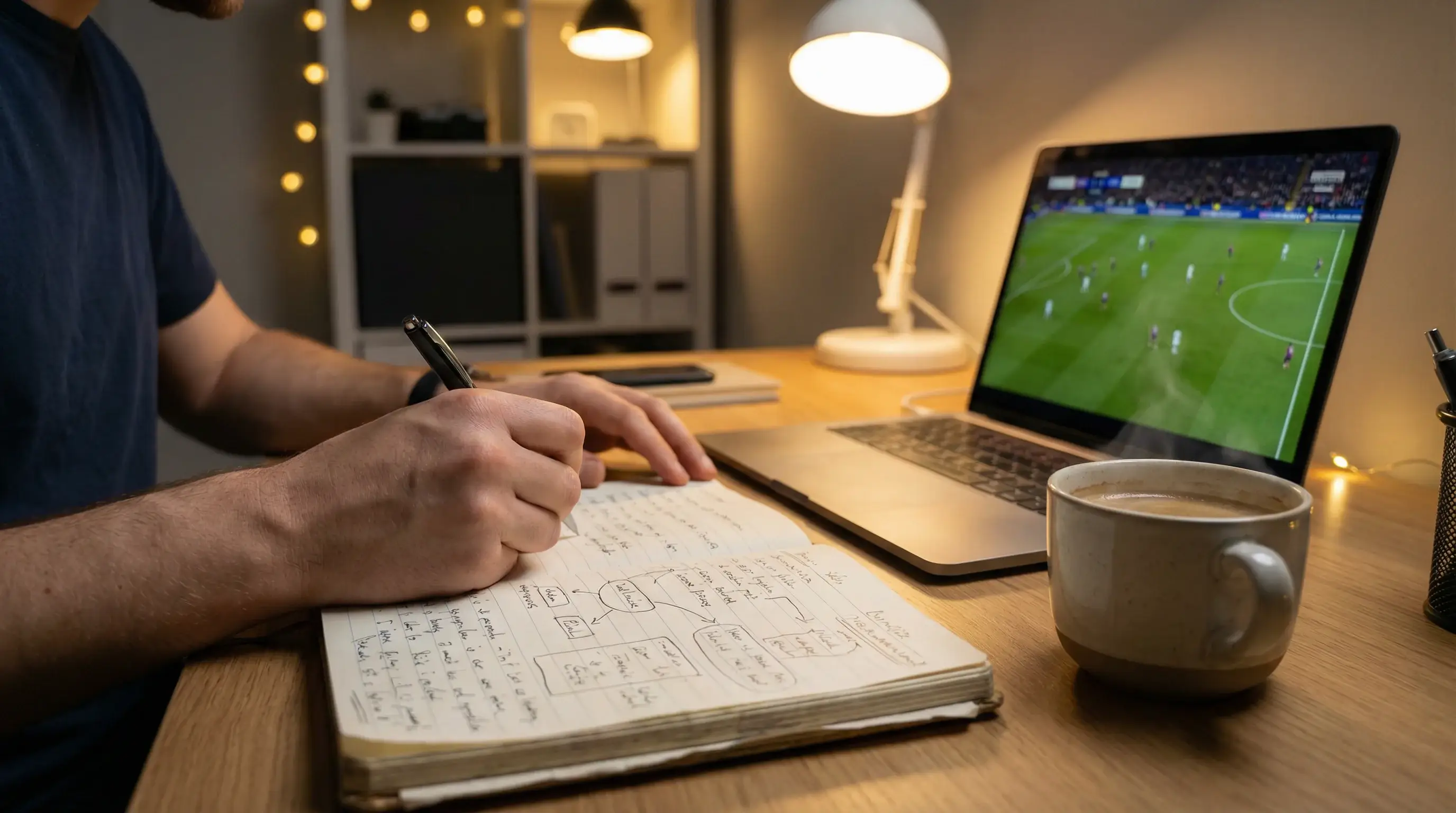 Persona tomando notas en un cuaderno mientras ve un partido de fútbol en el portátil