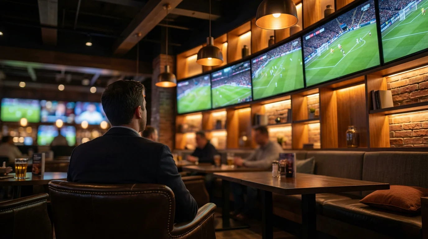 Persona viendo múltiples partidos de fútbol en pantallas de un bar deportivo moderno