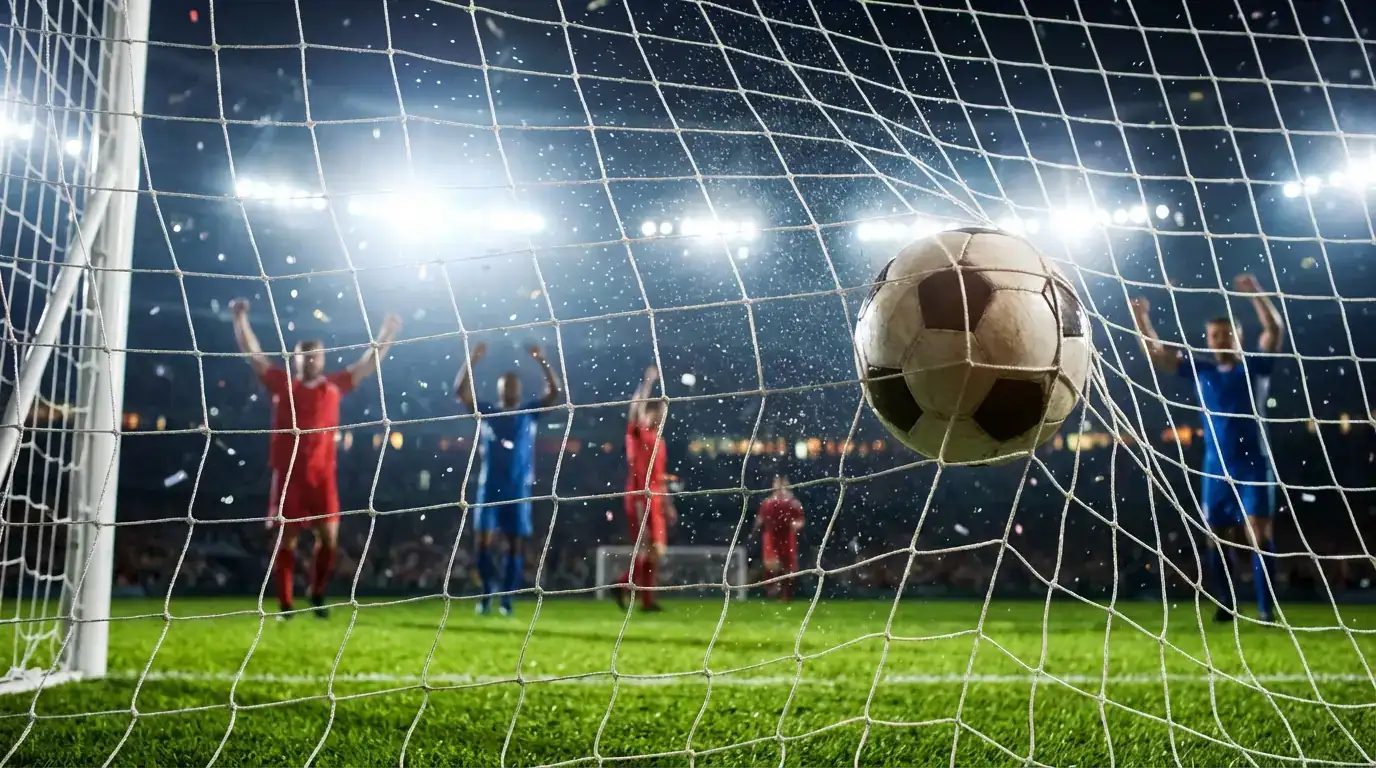Balón de fútbol entrando en la red de la portería en el momento del gol