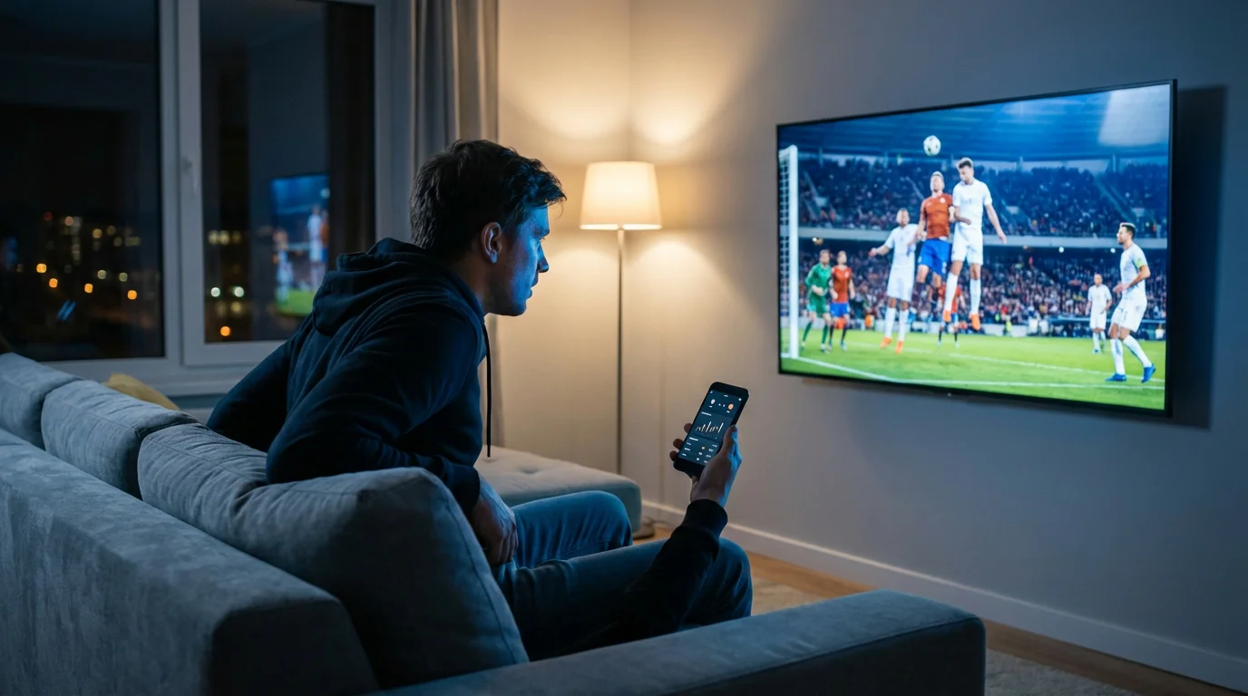 Persona viendo un partido de fútbol en directo en televisión mientras sostiene un smartphone