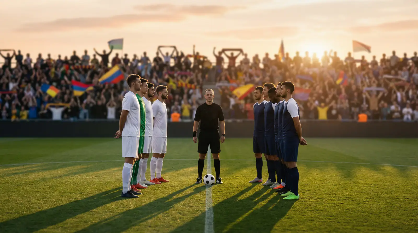 Dos equipos de fútbol alineados en el centro del campo antes del inicio del partido