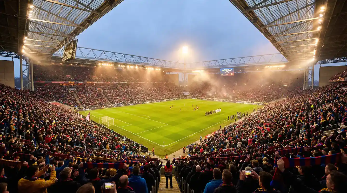 Estadio de fútbol lleno de aficionados durante un partido importante