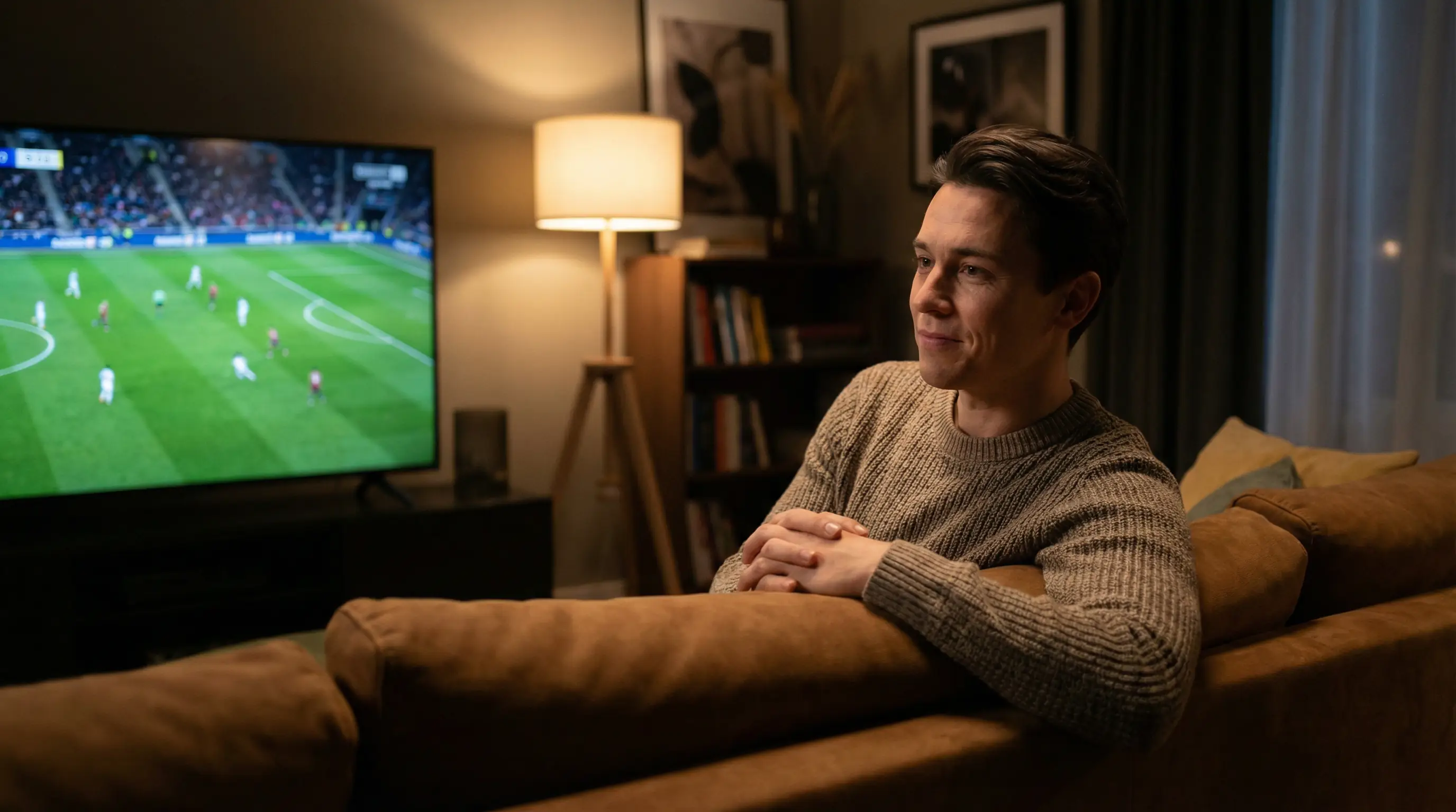 Persona sentada calmadamente en el sofá viendo fútbol con actitud compuesta y controlada