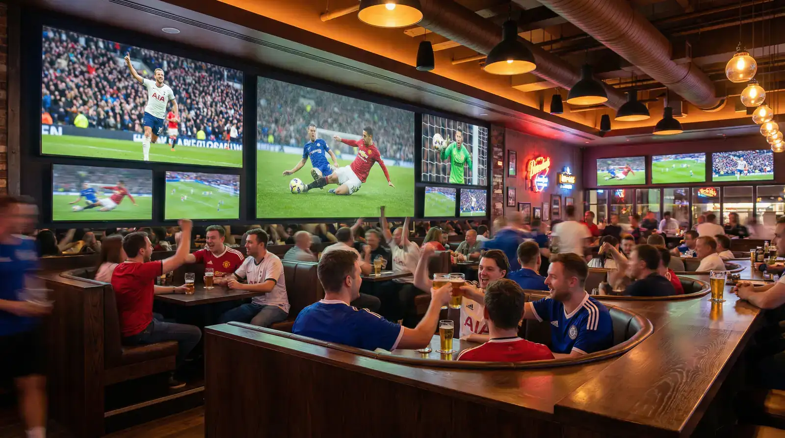 Múltiples pantallas de televisión en un bar deportivo mostrando diferentes partidos de fútbol