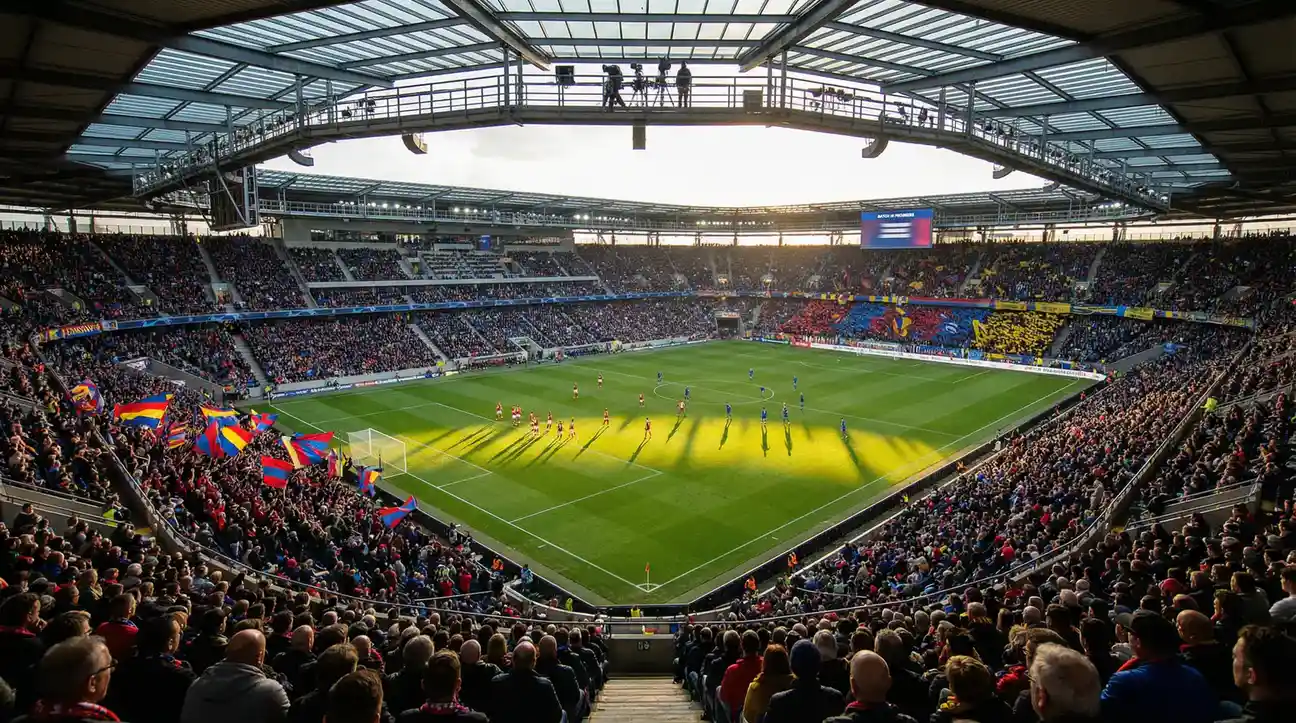 Partido de fútbol en progreso visto desde las gradas de un estadio moderno