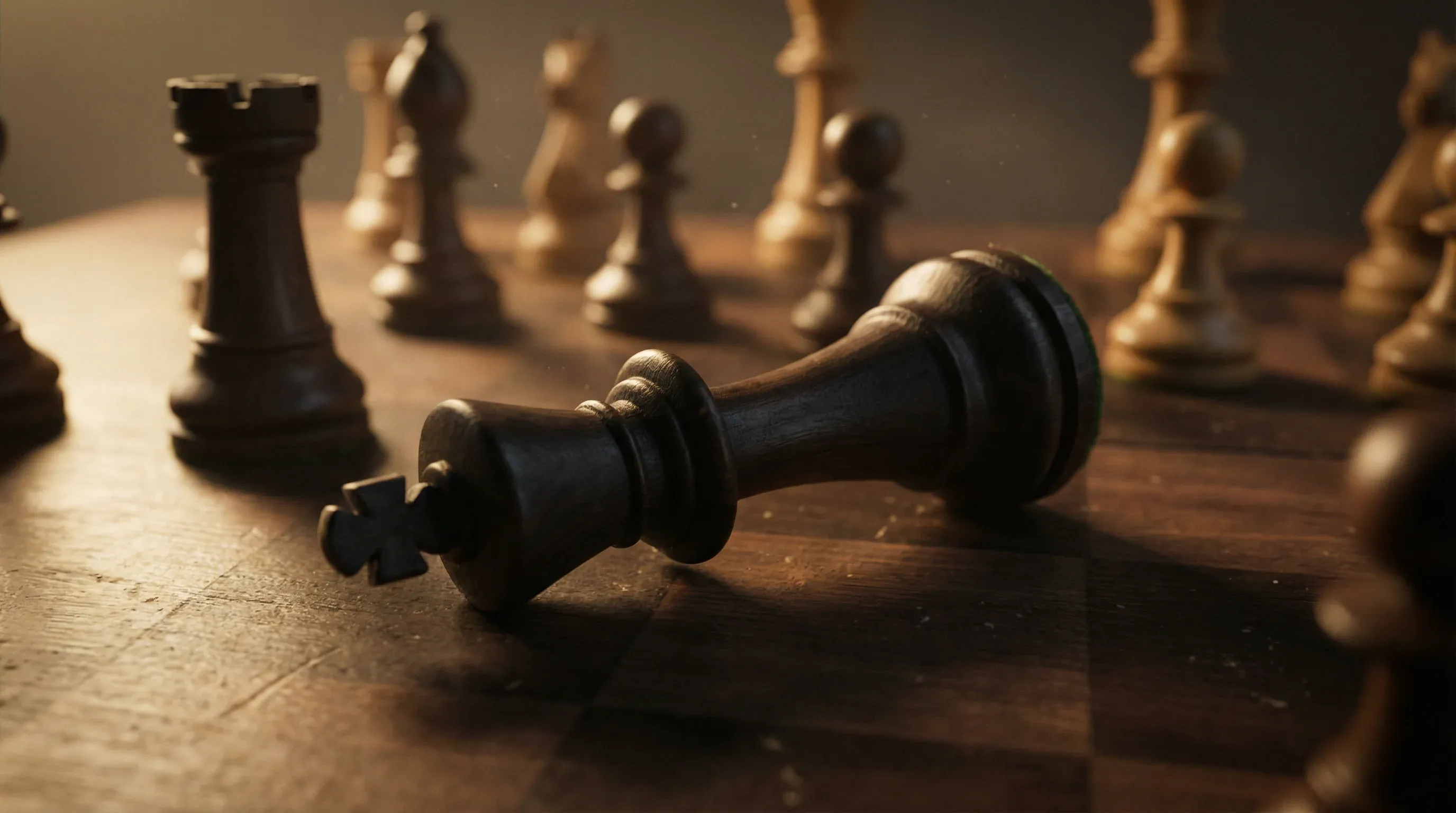 Pieza de ajedrez rey caída sobre el tablero representando errores estratégicos evitables