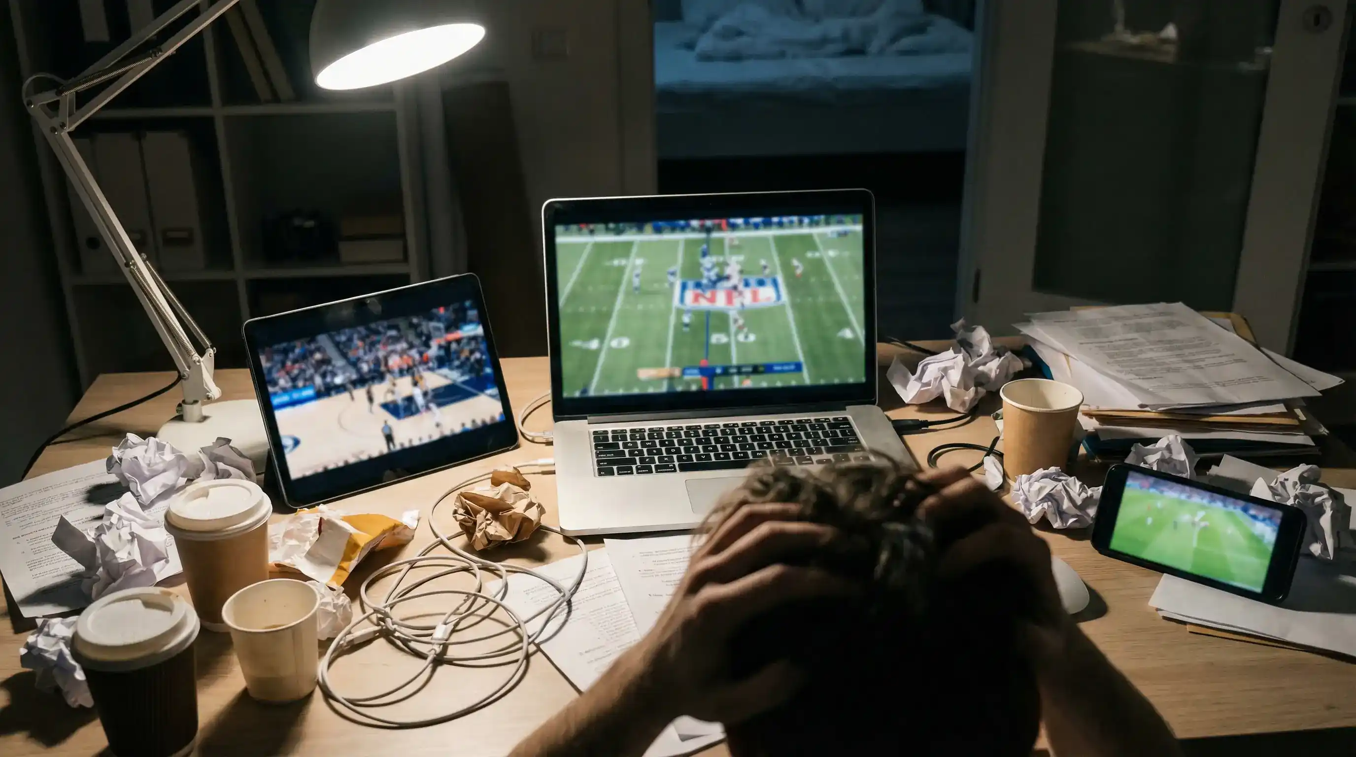Escritorio desordenado con múltiples dispositivos mostrando diferentes partidos representando la distracción