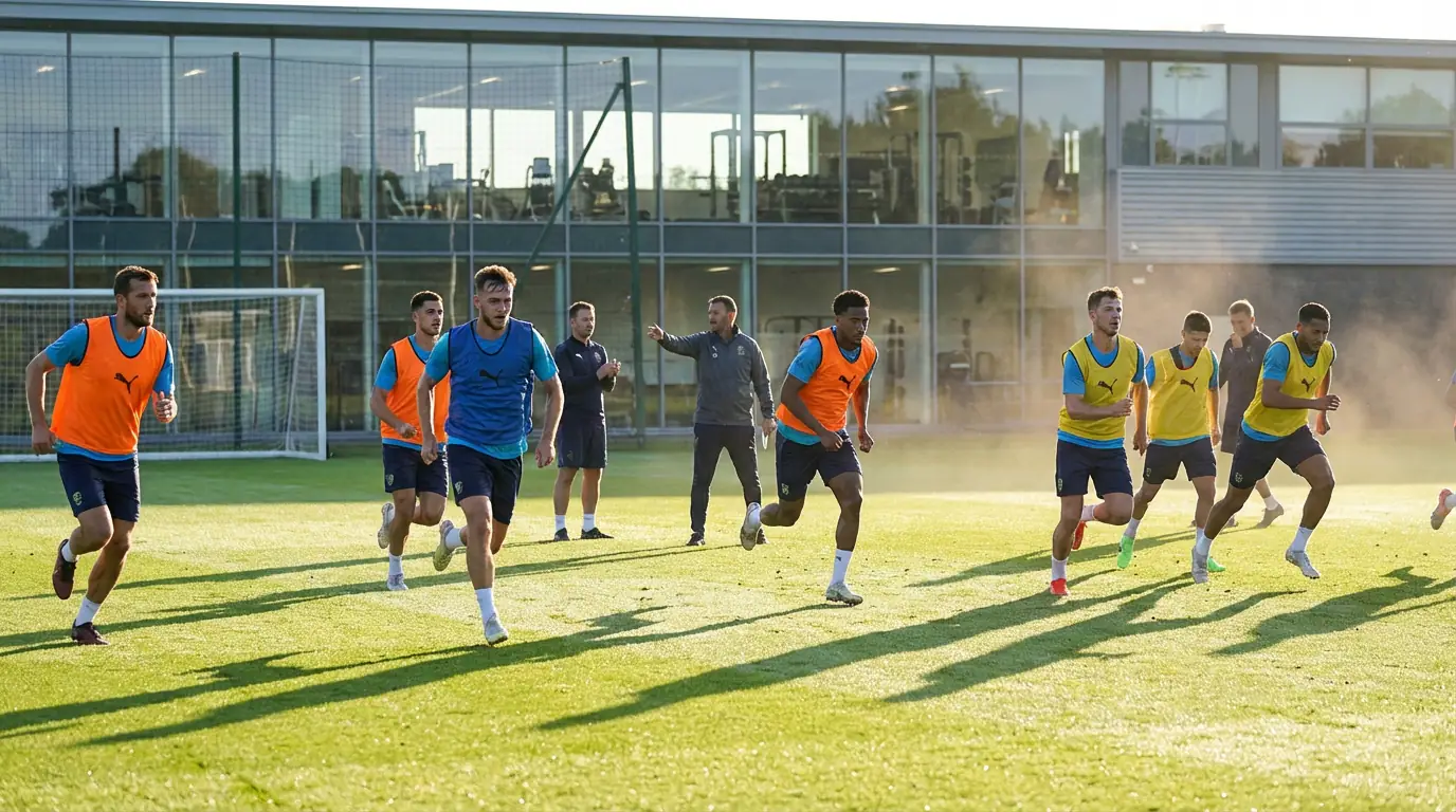 Jugadores de fútbol durante una sesión de entrenamiento intensiva