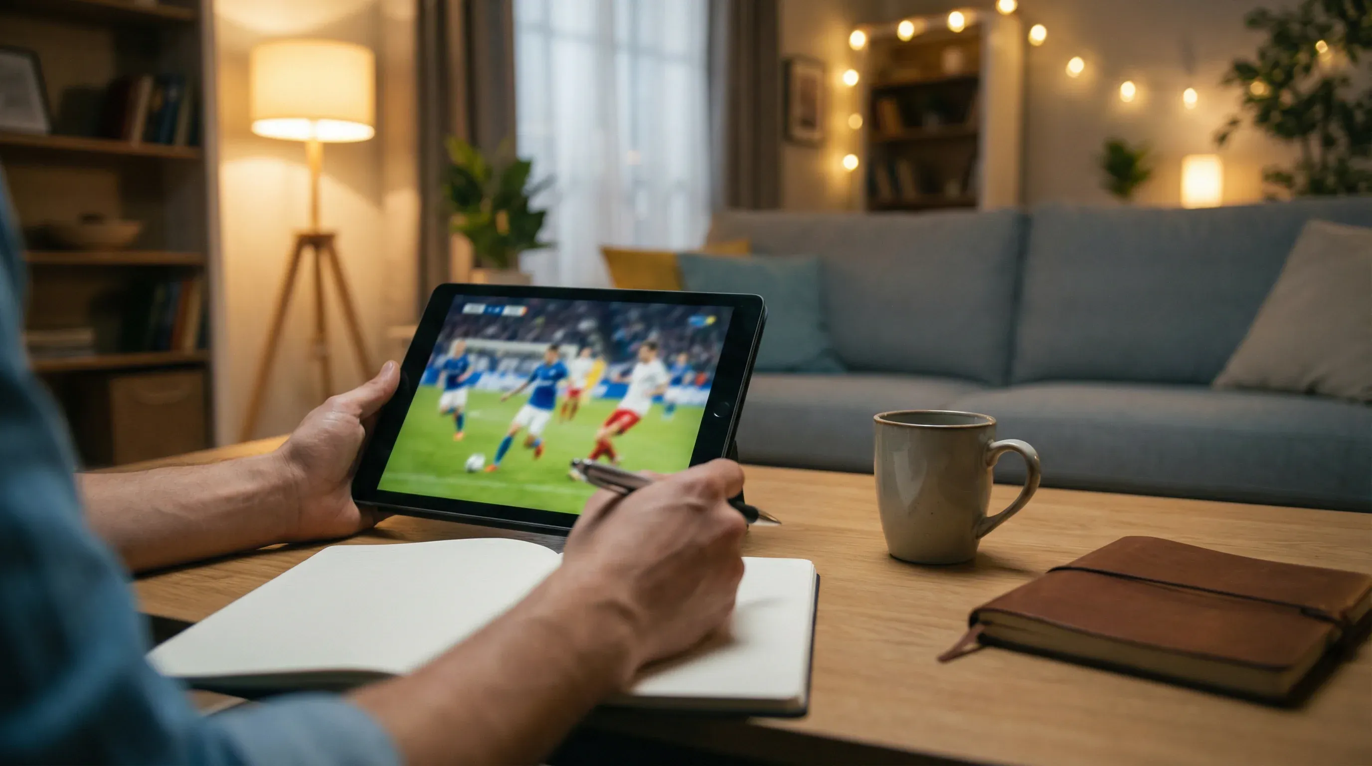 Manos sosteniendo una tablet con un partido en directo junto a un bloc de notas y bolígrafo