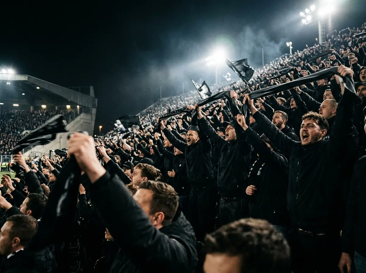 Aficionados de fútbol creando una atmósfera intimidante en las gradas del estadio