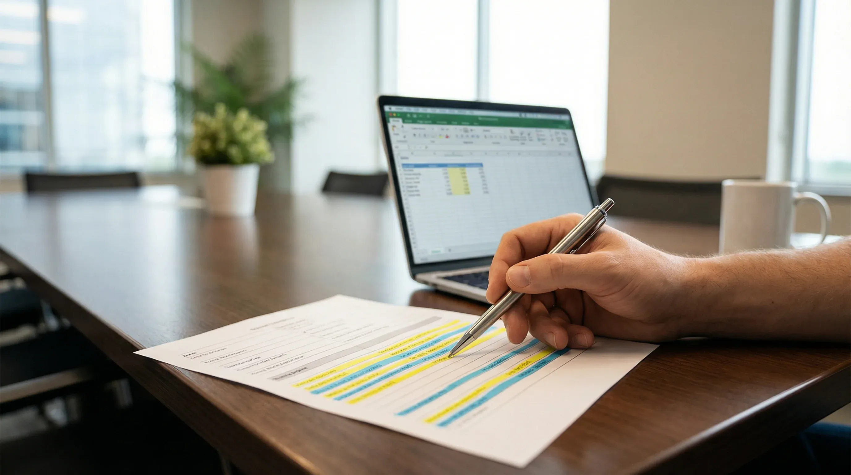 Manos analizando documentos en escritorio profesional con laptop, concepto de estudio y análisis de cuotas