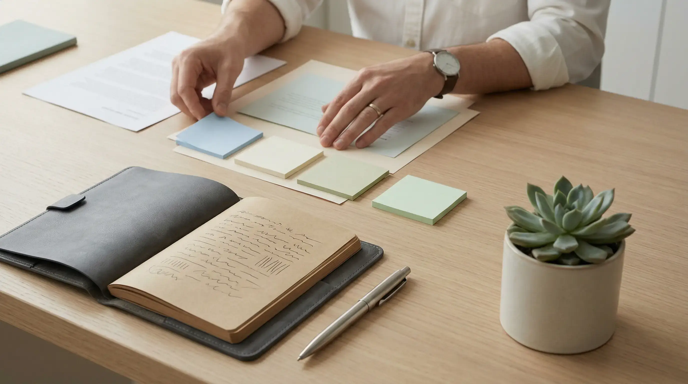 Manos organizando agenda y notas en escritorio minimalista, concepto de planificación y disciplina financiera