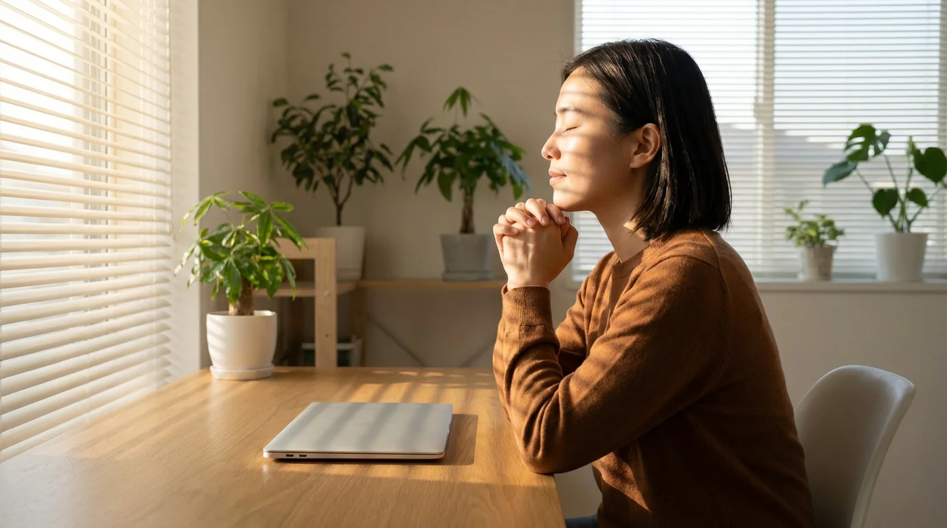 Persona en momento de calma y reflexión sentada junto a un escritorio con portátil cerrado