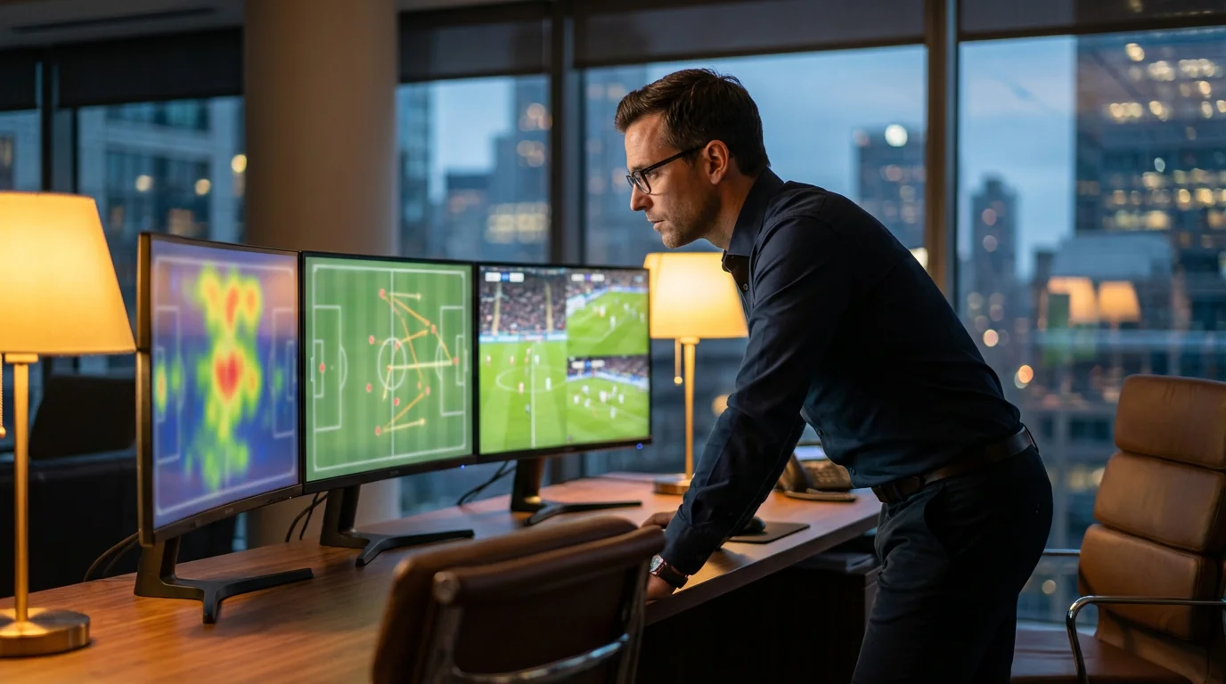 Analista deportivo profesional estudiando datos de partidos de fútbol en múltiples monitores