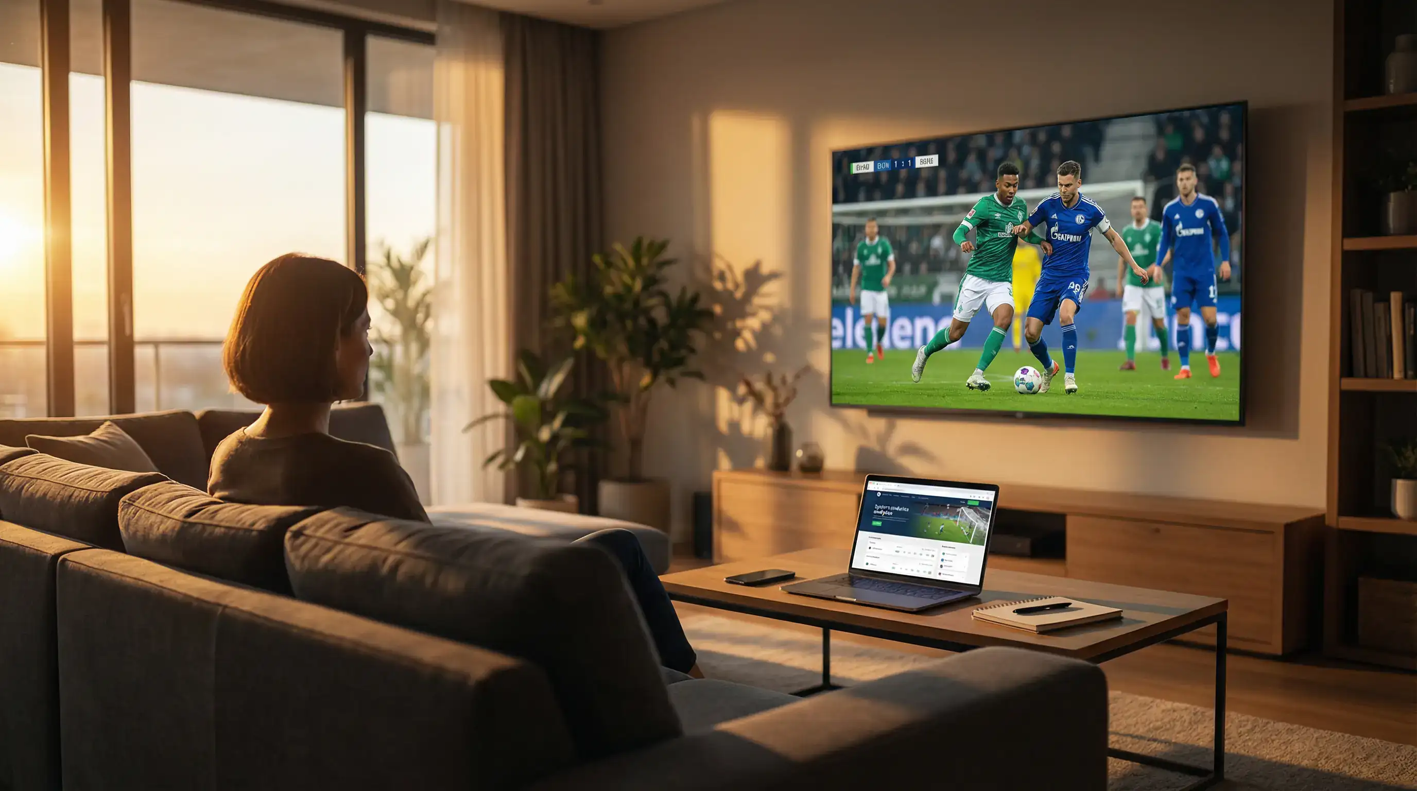 Persona viendo un partido de fútbol en televisión con laptop y smartphone, ambiente de entretenimiento deportivo informado