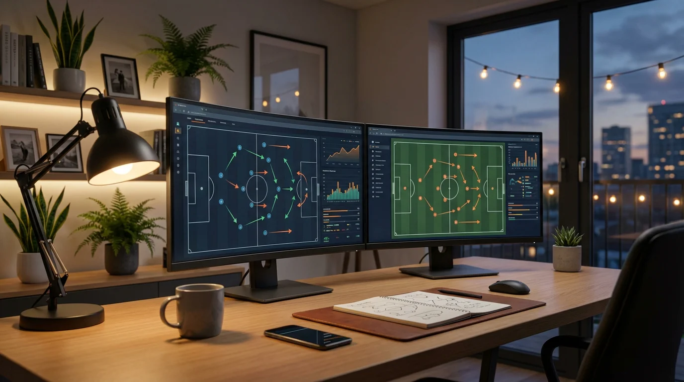 Espacio de trabajo moderno con monitores mostrando estadísticas y análisis de fútbol