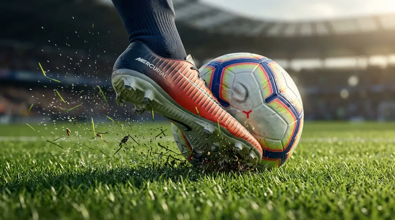 Balón de fútbol en el momento exacto del impacto con la bota del jugador