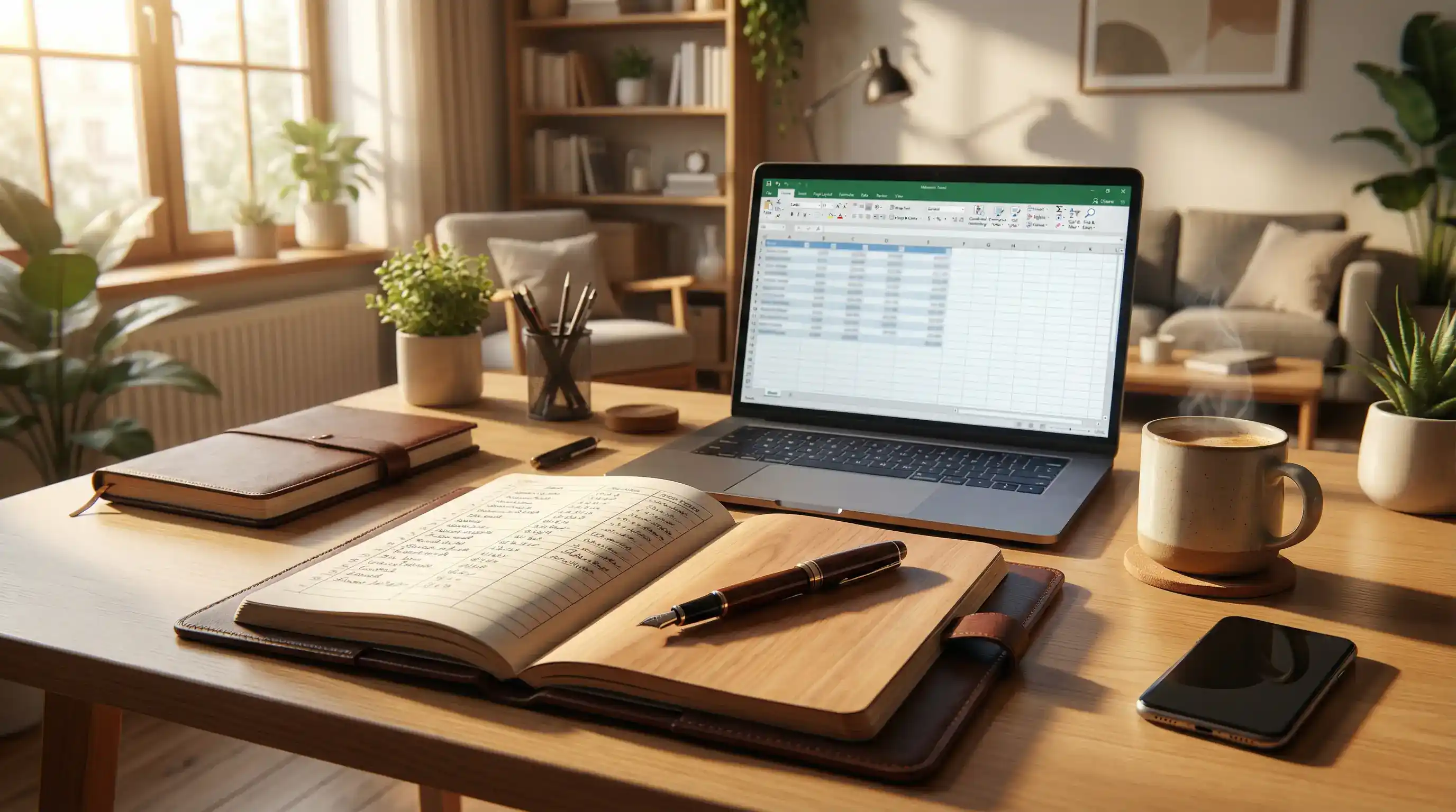 Cuaderno de cuero abierto con anotaciones junto a un portátil mostrando una hoja de cálculo