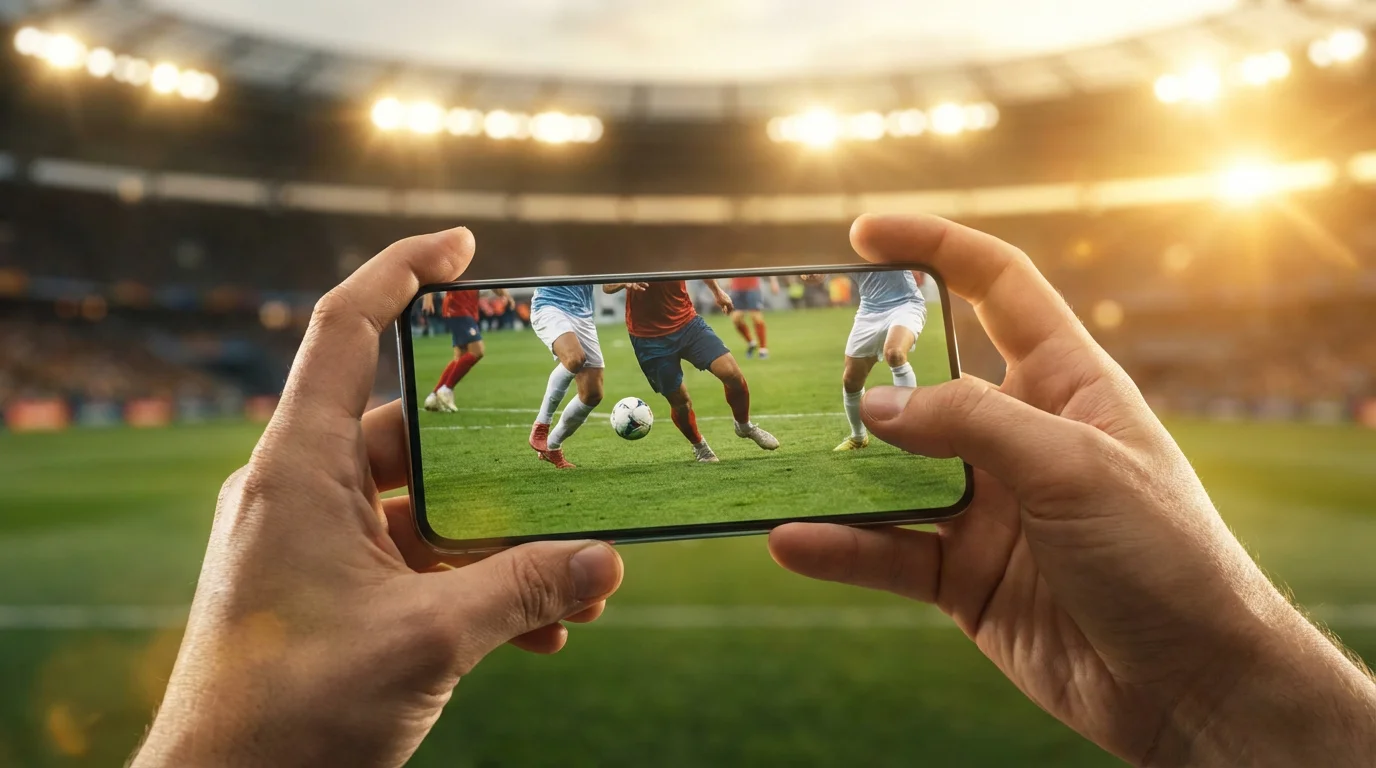 Persona viendo un partido de fútbol en su smartphone con estadio iluminado de fondo